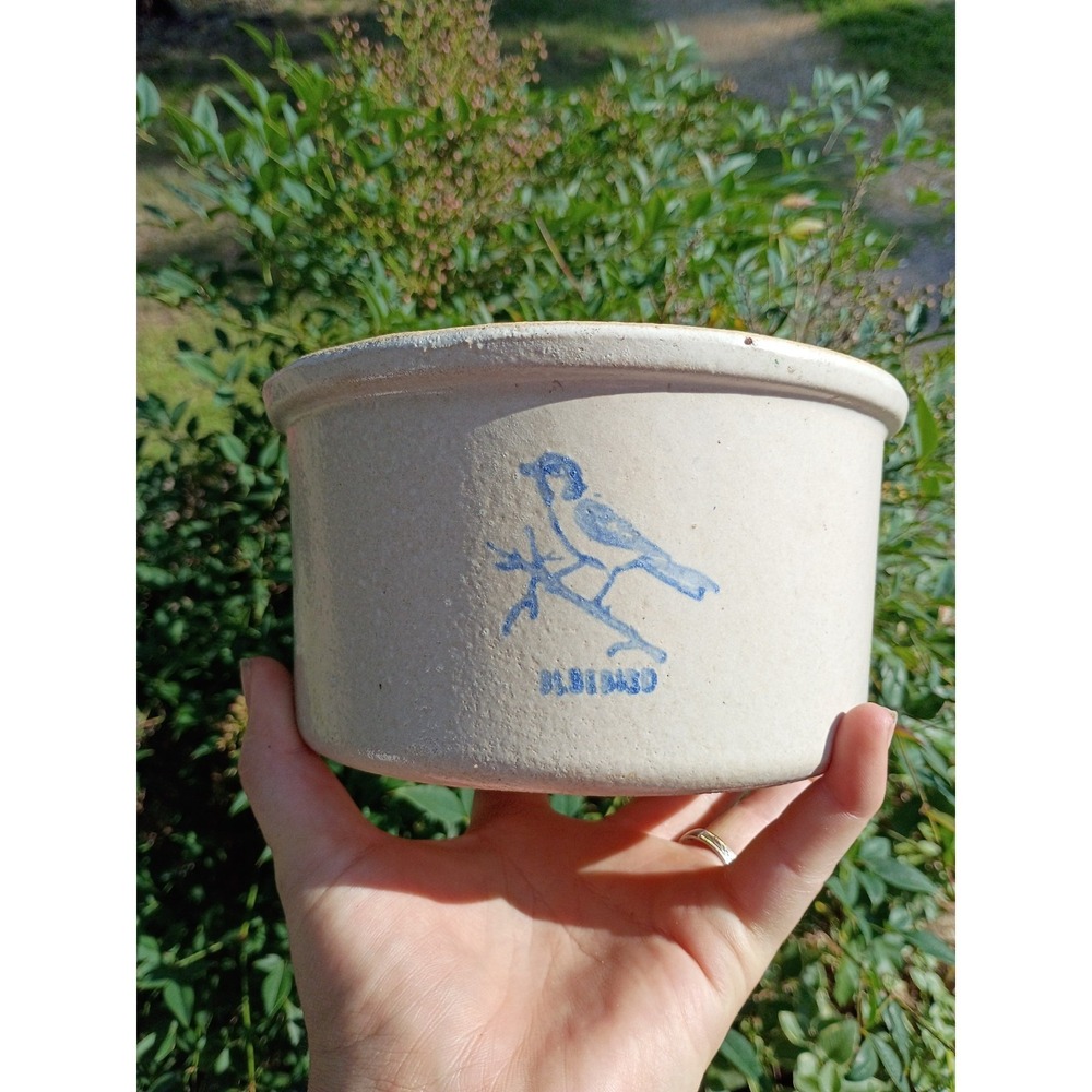 Rare Small Vintage Cobalt Blue Bird Crock Stoneware Burley Bowl Pottery 6.5 Inch